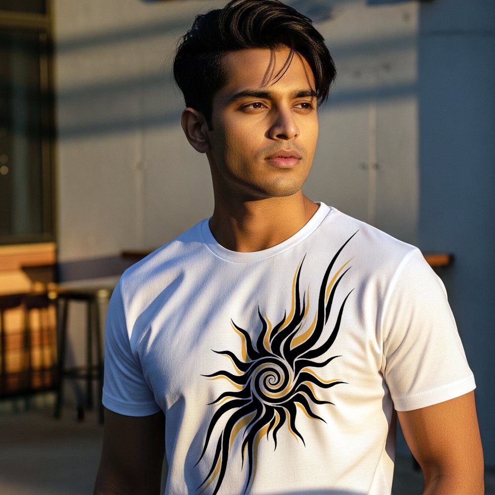 tribal-sun-spiral-tshirt-design-pod-streetwear Tribal Sun Spiral T-Shirt Design – Bold POD Graphic for Streetwear & Festivals - Image 1